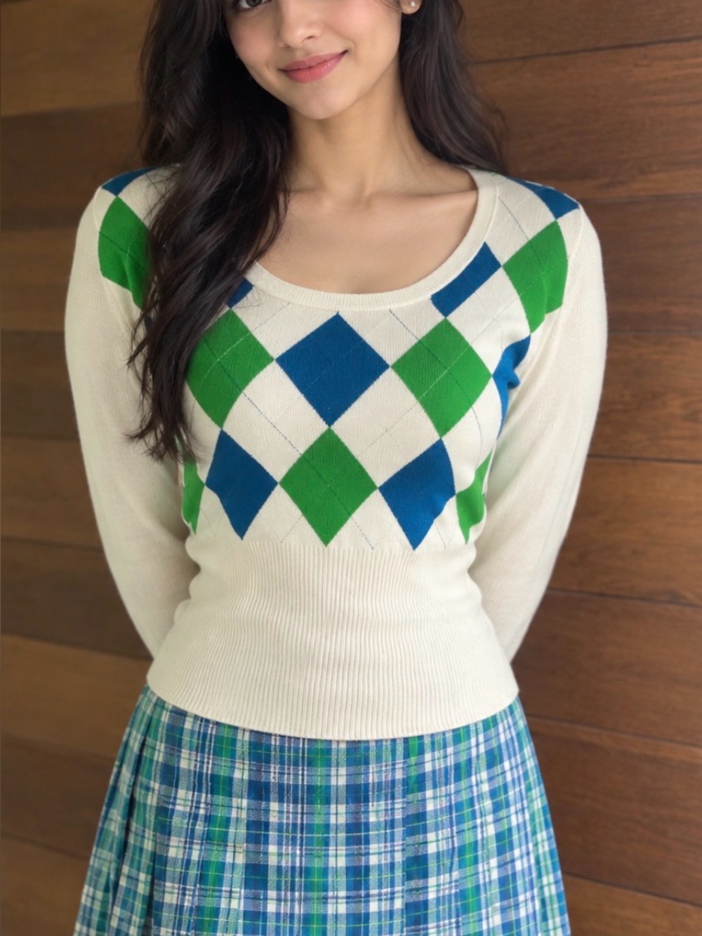 Vintage Y2K Nine & Co. Cream, Green & Blue Plaid Ruffle-Hem Skirt Set